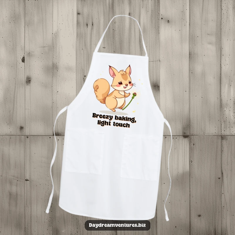 Funny squirrel character riding a dandelion seed on a breezy day, on a kitchen apron, a humorous cooking accessory.