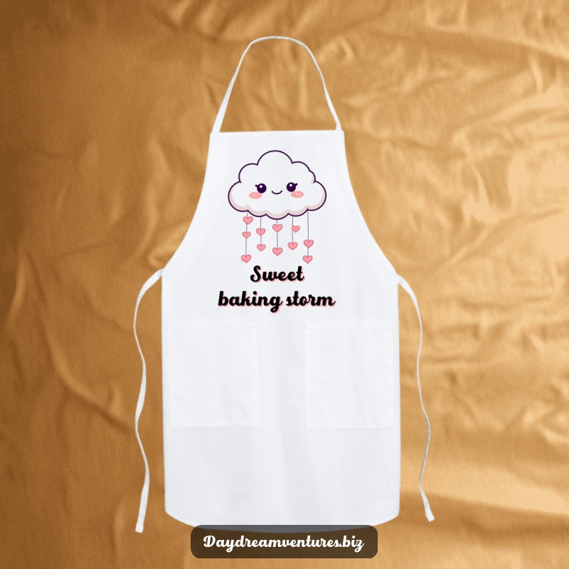 Funny cloud apron, a playful character raining hearts, perfect for kitchen joy and a cheerful funny gift.