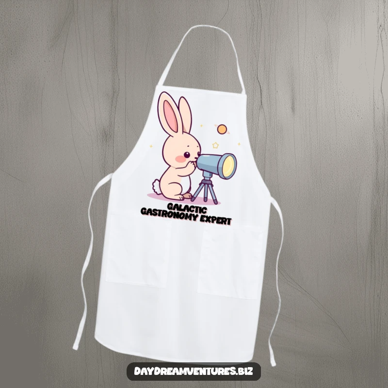 Funny rabbit character looking through a telescope at a sparkling planet, on a kitchen apron, a humorous cooking accessory.