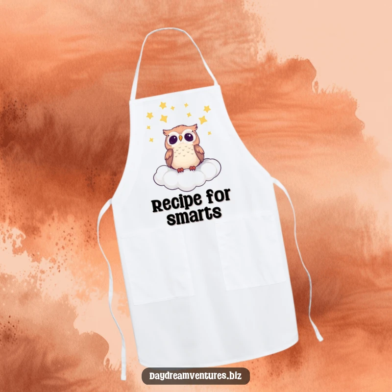 Cute owl character wearing an apron, gazing at stars from a cloud, bringing celestial kitchen humor.