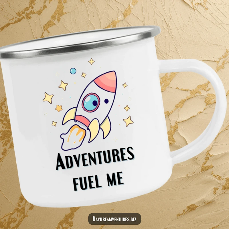Funny rocket ship camping mug, a whimsical character on a space journey, durable and perfect for outdoor fun, a funny gift.