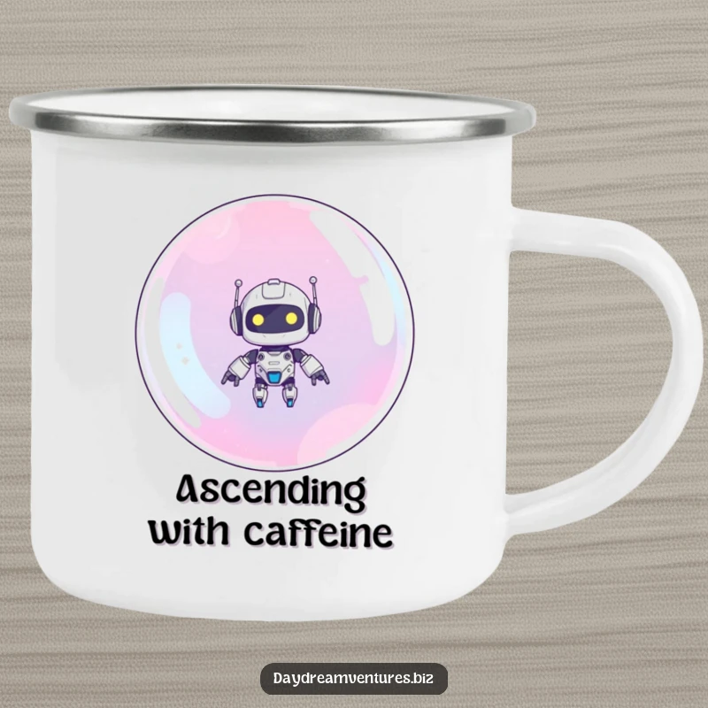 Funny robot camping mug with a cute robot floating upwards on a giant bubble, perfect for enjoying drinks outdoors.