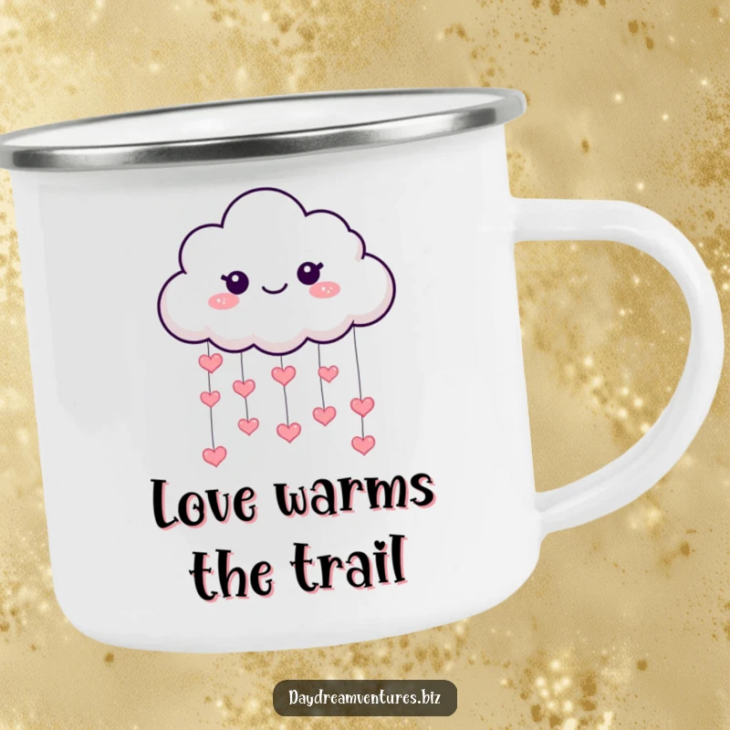 Funny cloud camping mug, a playful character raining hearts, durable and perfect for outdoor cheer, a funny gift.