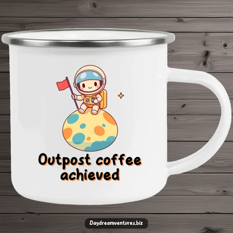 Funny space explorer camping mug, a cheerful character planting a flag on a planet, durable and perfect for adventures, a funny gift.