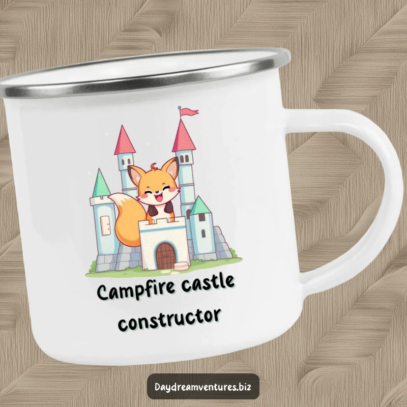 Funny happy fox character building a shimmering castle, on a camping mug, for outdoor creative fun.