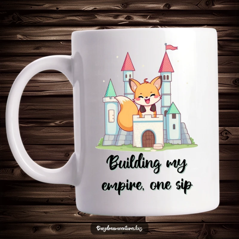 Funny happy fox character building a shimmering block castle, on a mug, celebrating imagination and fun.