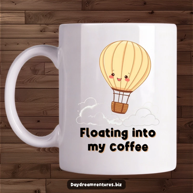 Funny hot air balloon mug, a joyful character peacefully drifting over fluffy clouds, serene and cheerful, a perfect funny gift.