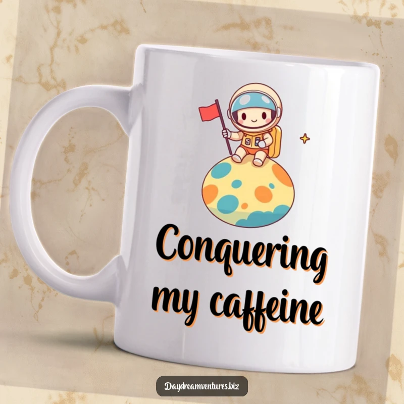 Funny space explorer mug, a cheerful character planting a flag on a colorful planet, adventurous and fun, a perfect funny gift.