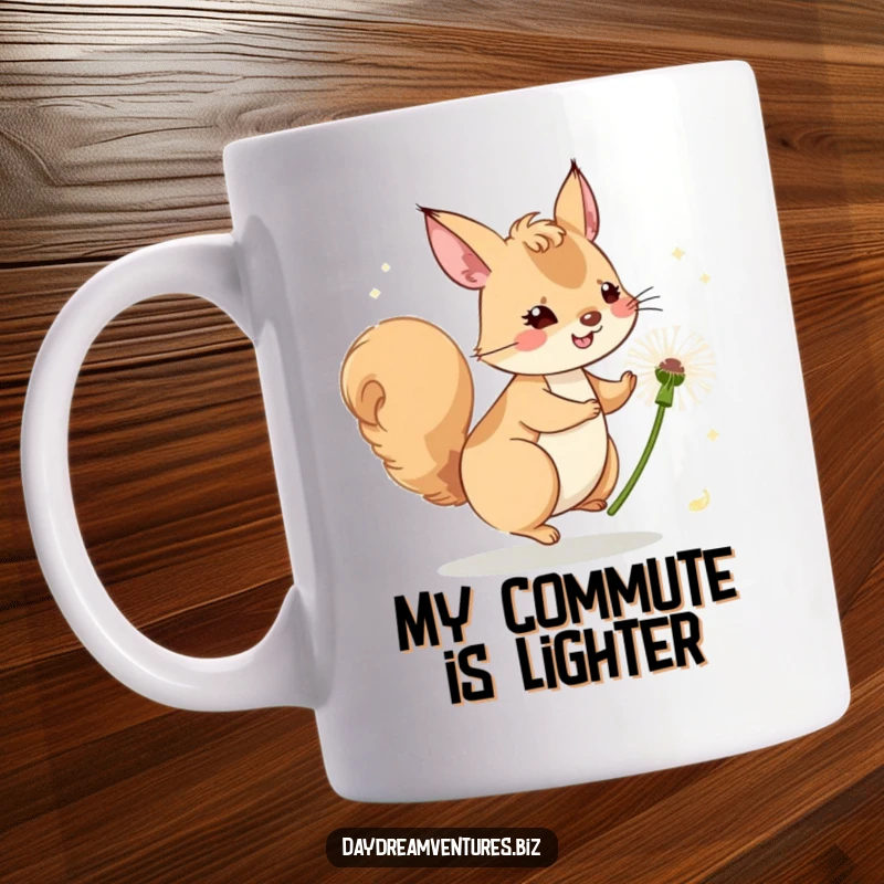 Funny whimsical squirrel character joyfully riding a dandelion seed on a breezy day, featured on a mug.