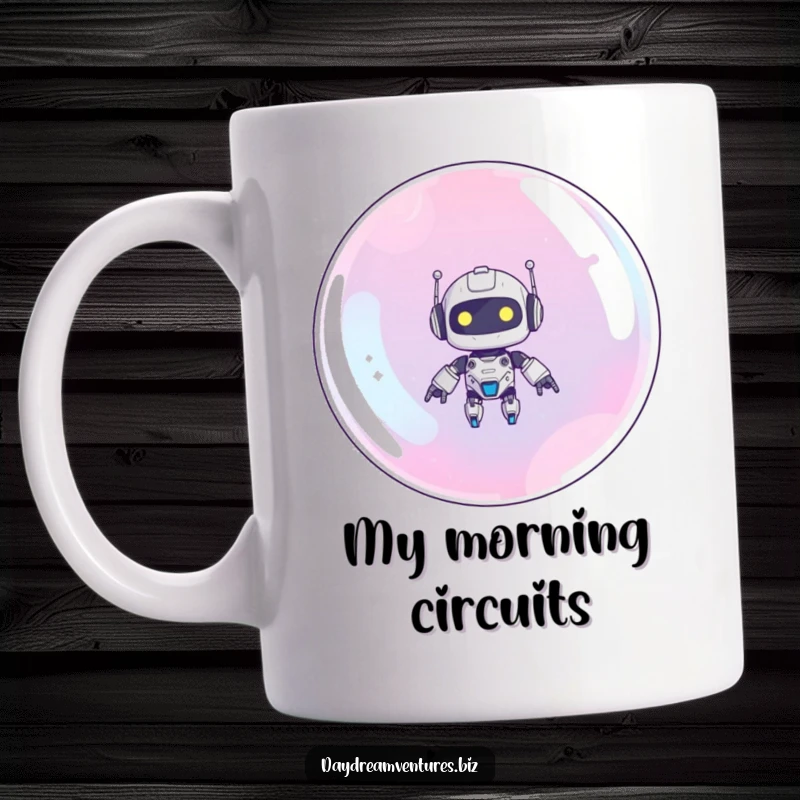 Funny robot mug with a cute robot floating upwards on a giant, iridescent bubble, embarking on a whimsical journey.
