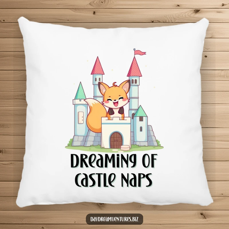 Funny happy fox character building a block castle, on a soft pillow, a cozy and humorous accent piece.