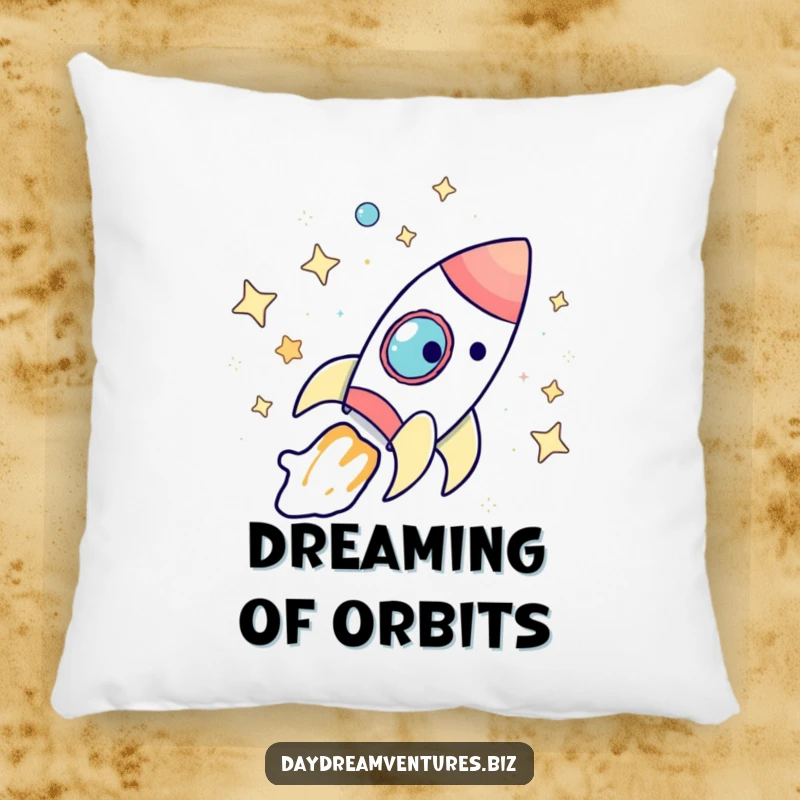 Funny rocket ship pillow, a whimsical character journeying through stars, offering comfort and a humorous touch, a great funny gift.