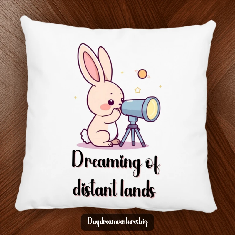 Funny rabbit character looking through a telescope at a sparkling planet, on a soft pillow, bringing imaginative comfort.