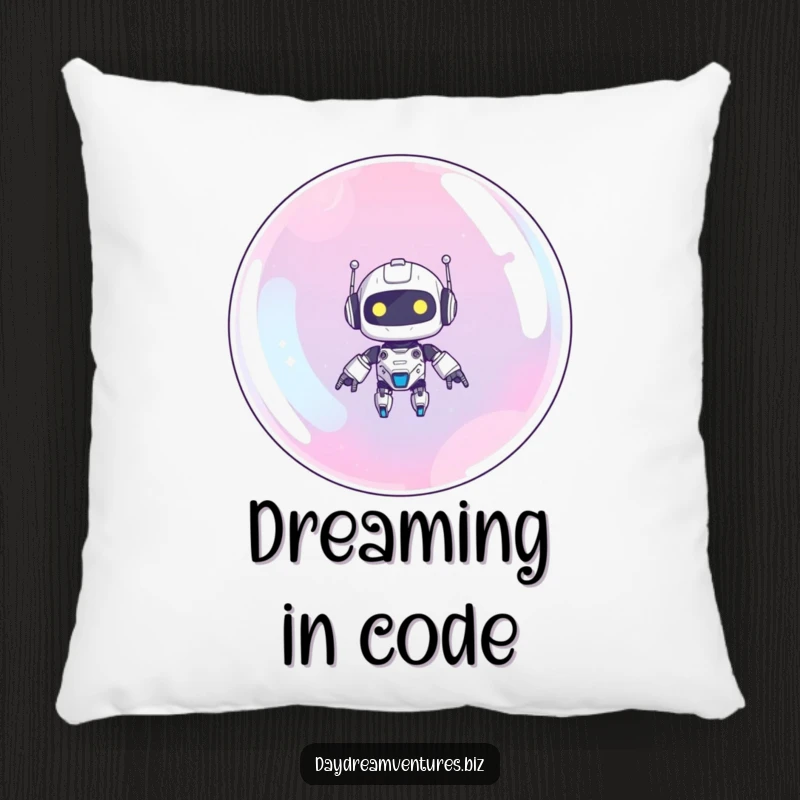 Funny robot pillow with a cute robot floating upwards on a giant bubble, offering comfort and humorous tech-themed decor.