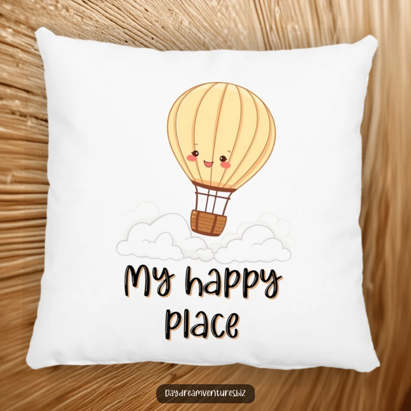 Funny hot air balloon pillow, a joyful character peacefully floating over clouds, soft comfort and cheerful vibes, a wonderful funny gift.