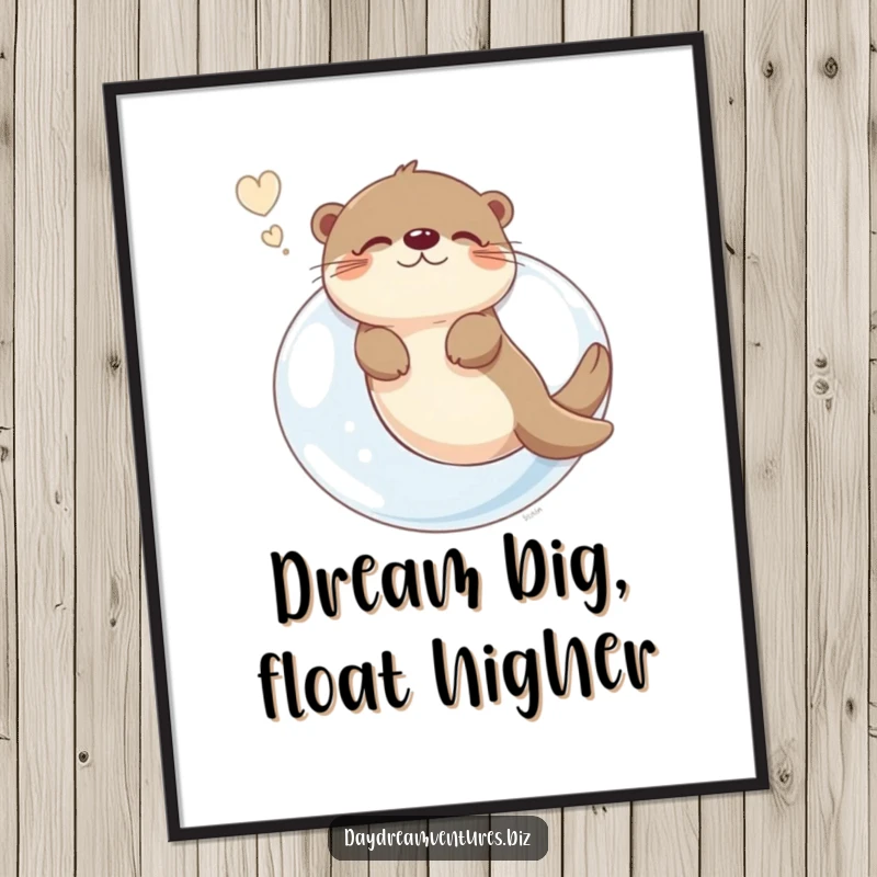 Funny otter character floating on a giant bubble, dreaming, as a high-resolution digital art print for instant download.