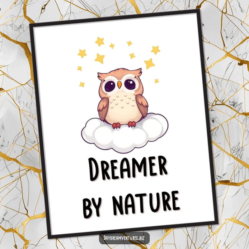 Cute owl character perched on a fluffy cloud, gazing at a starry night sky, high-resolution digital art.