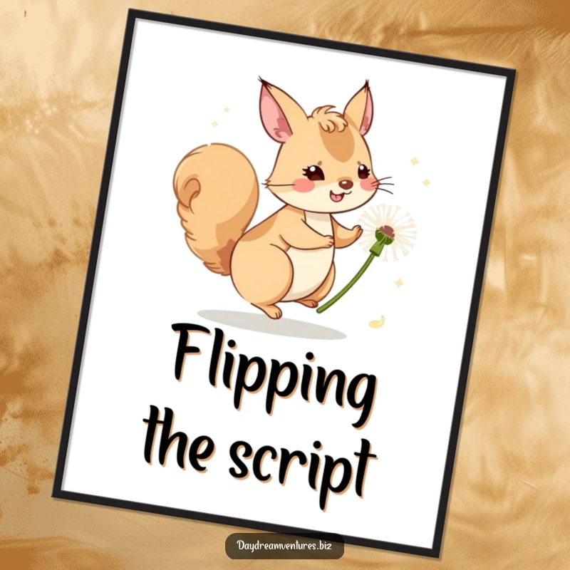 Funny whimsical squirrel character riding a dandelion seed, as a digital art print, full of playful charm.