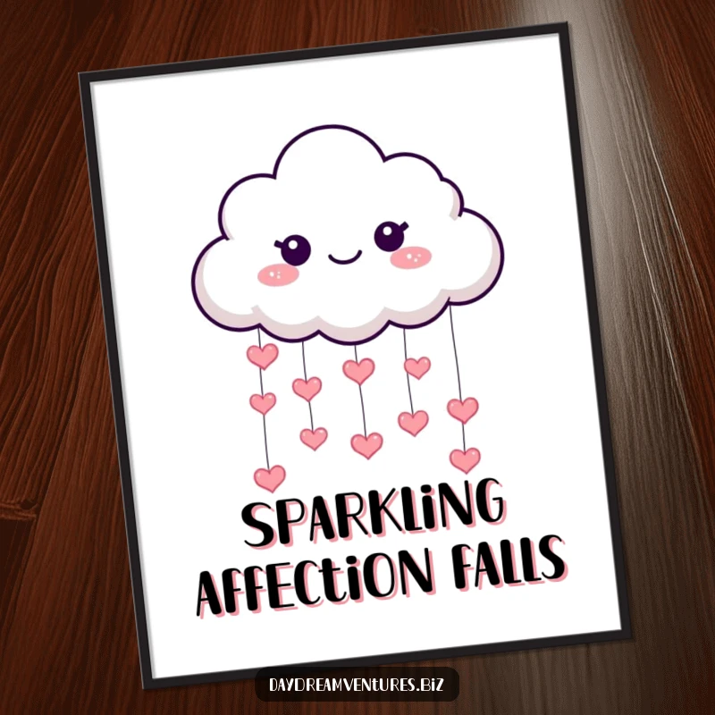 Funny cloud digital art print, a playful character raining tiny sparkling hearts, cheerful and loving, a beautiful funny gift.