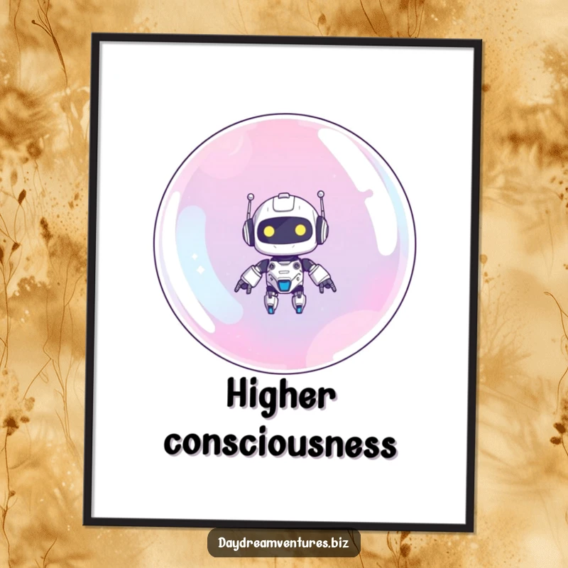 Funny robot digital art print of a cute robot floating upwards on a giant bubble, perfect for humorous tech-themed decor.