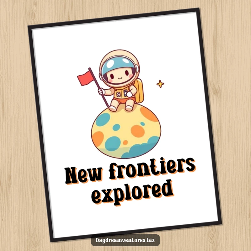 Funny space explorer digital art print, a cheerful character planting a flag on a colorful planet, vibrant and adventurous, a funny gift.