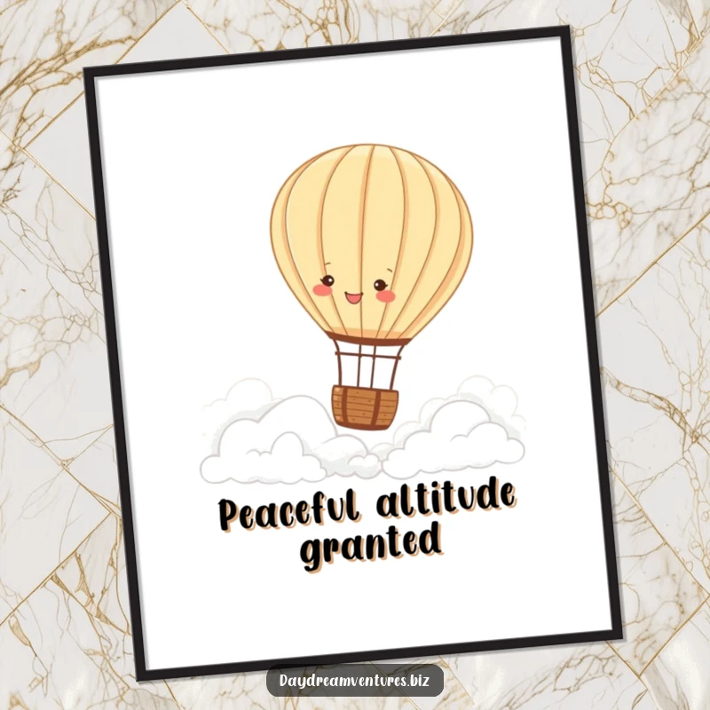 Funny hot air balloon digital art print, a joyful character drifting over fluffy clouds, serene and cheerful, a beautiful funny gift.