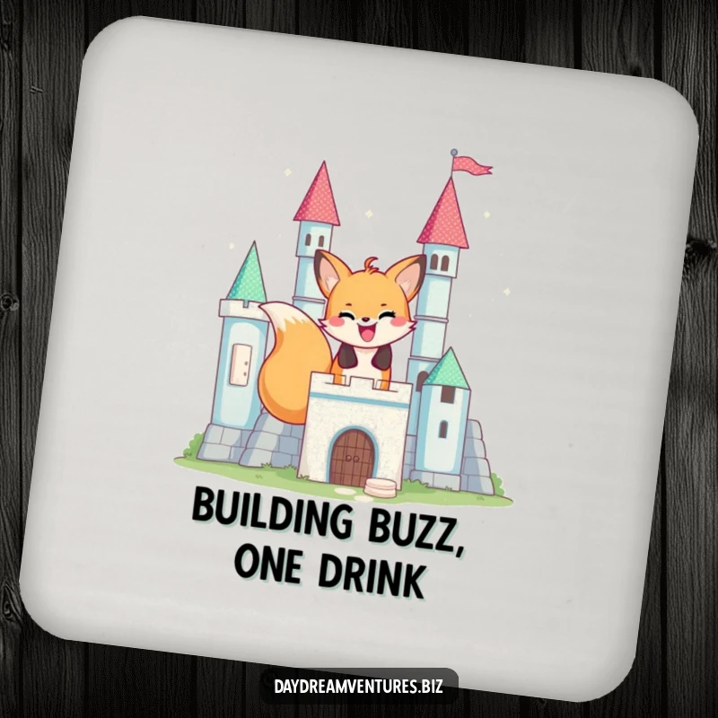 Funny happy fox character building a block castle, on a drink coaster, adding a touch of humor.