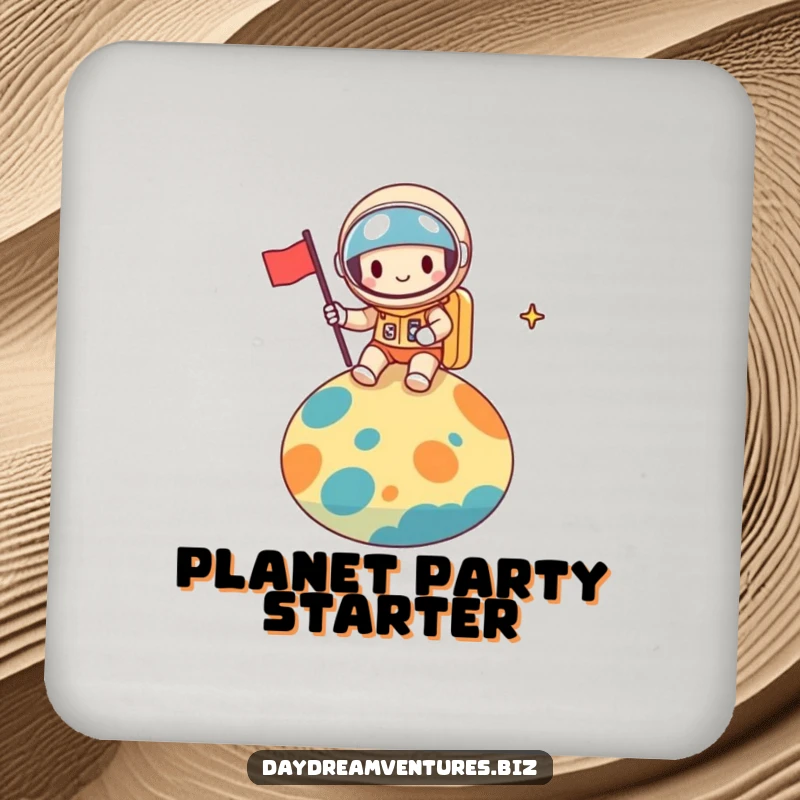 Funny space explorer coasters, a cheerful character planting a flag on a colorful planet, protecting surfaces with charm, a funny gift.