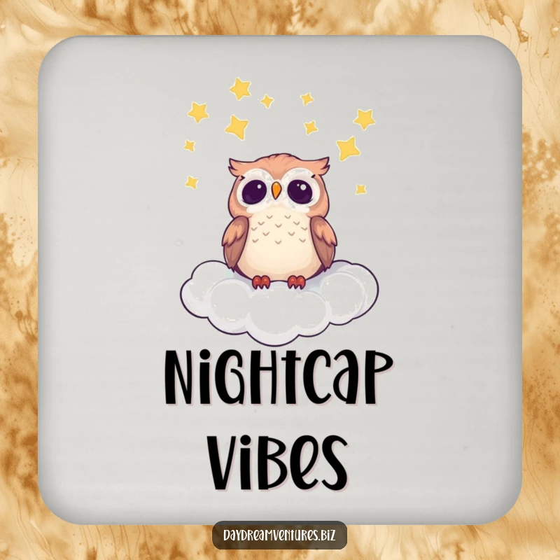 Cute owl character on a drink coaster, gazing at stars from a cloud, adding celestial humor.