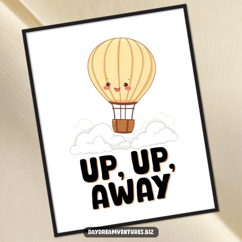Funny hot air balloon poster, a joyful character drifting peacefully over fluffy clouds, serene sky art, a perfect funny gift.
