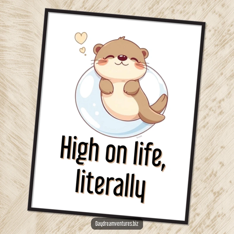 Funny otter character floating serenely on a giant bubble, lost in a happy dream, displayed as a vibrant poster.