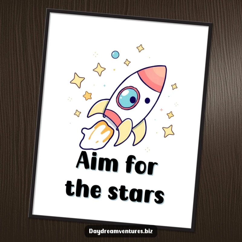 Funny rocket ship poster, a whimsical character exploring bright stars on an epic journey, perfect space decor and a funny gift.