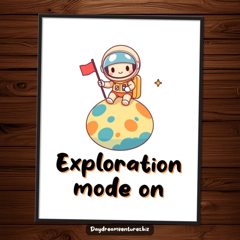 Funny space explorer poster, featuring a cheerful character planting a flag on a colorful planet, a testament to adventure, a funny gift.