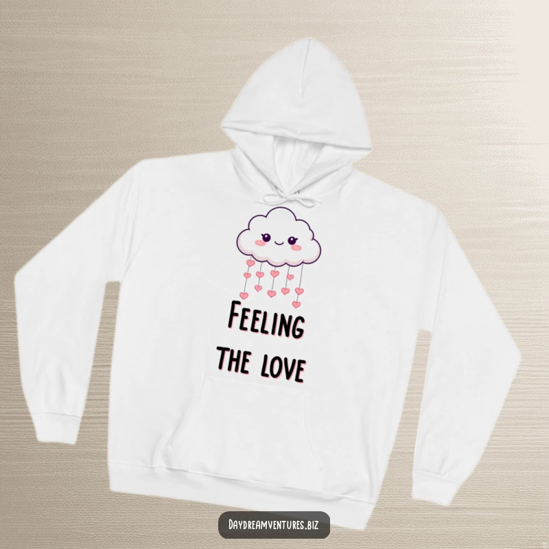 Funny cloud hoodie, a playful character raining sparkling hearts, offering comfort and love, a wonderfully cozy funny gift.