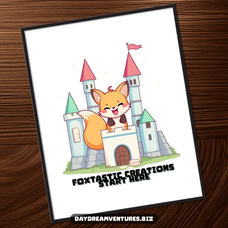 Funny Free Printable Wall Art showing a happy fox engrossed in building a fantastical castle made of shimmering, colorful toy blocks.