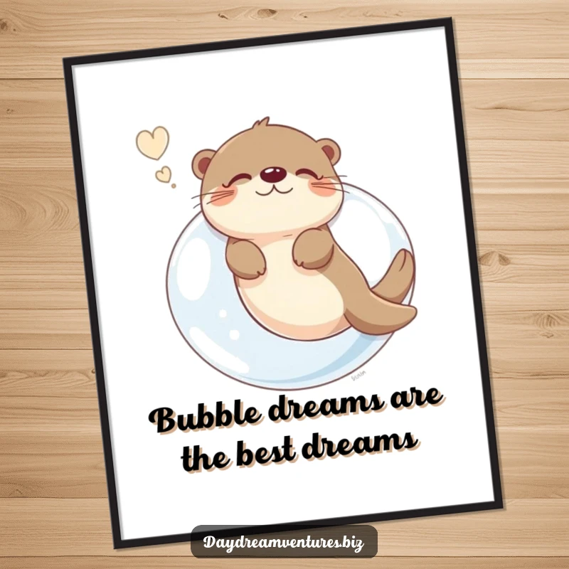 Funny Free Printable Wall Art depicting a charming otter floating serenely on a giant bubble, lost in a whimsical dreamscape.