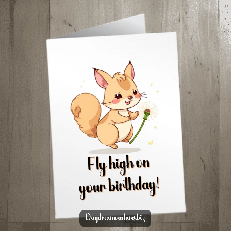 Funny Free Printable Birthday Card featuring a whimsical squirrel joyfully riding a large dandelion seed, carried by the wind.