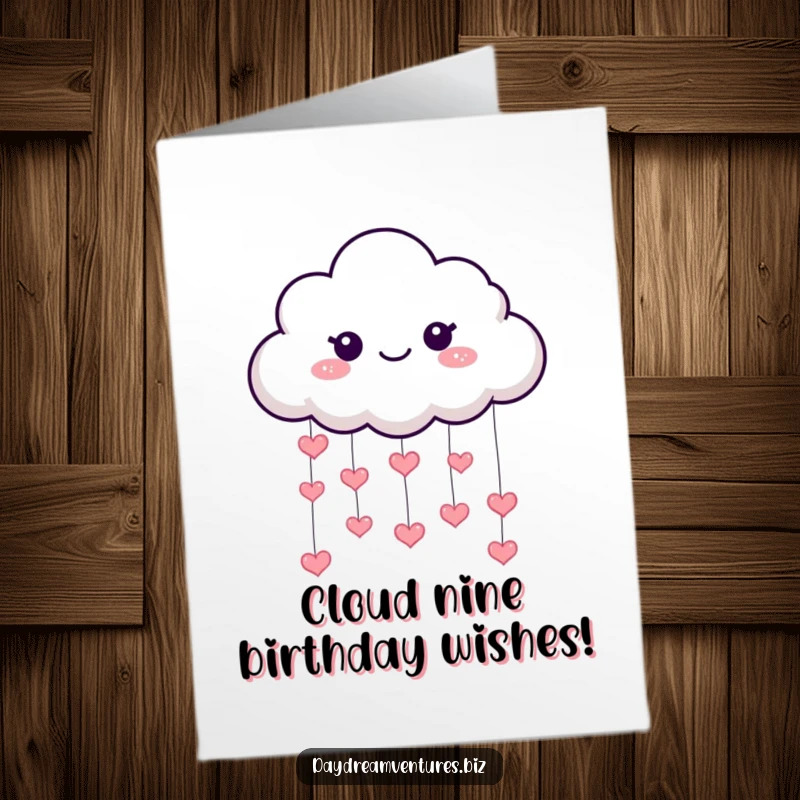 Funny Free Printable Birthday Card: A playful cloud character rains down tiny, sparkling hearts, wishing a happy birthday.