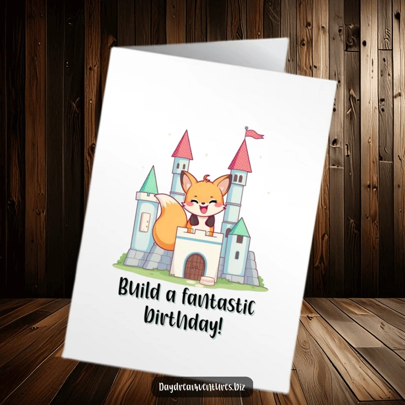 Funny Free Printable Birthday Card showing a cheerful fox meticulously building a magnificent castle from sparkling, colorful blocks.