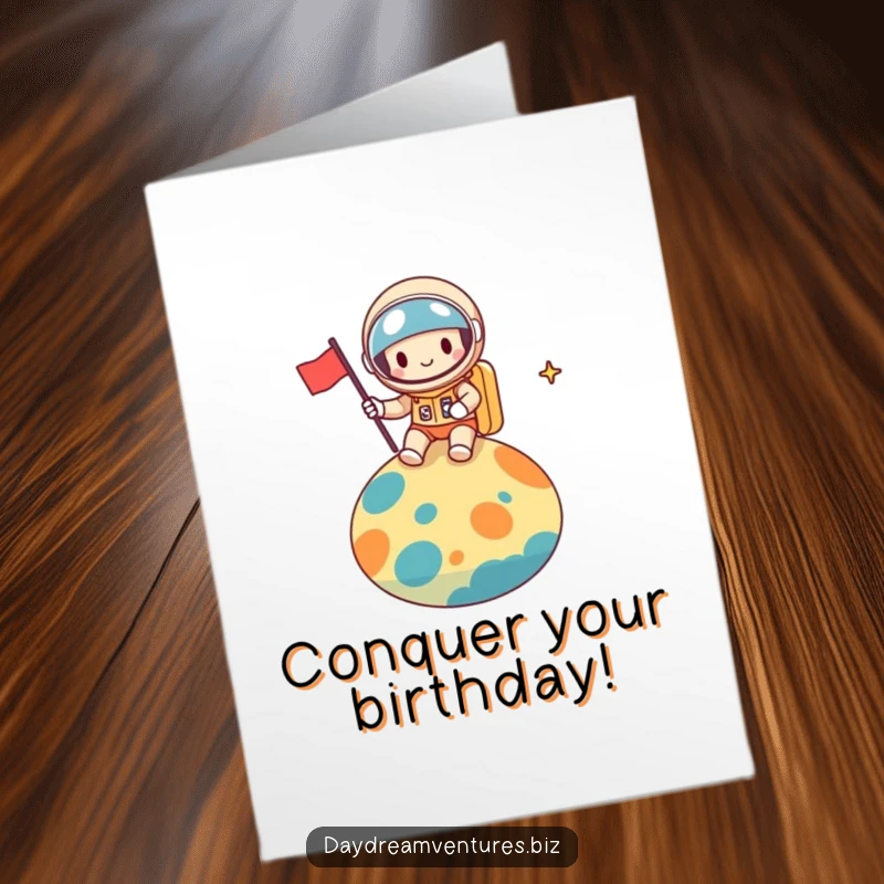 Funny Free Printable Birthday Card: A cheerful space explorer plants a tiny flag on a colorful planet, celebrating a birthday mission.