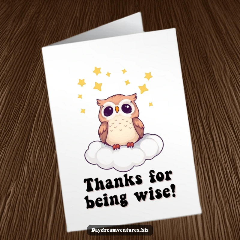 Funny free printable thank you card, a cute owl character gazing at stars from a cloud, expressing heartfelt thanks.
