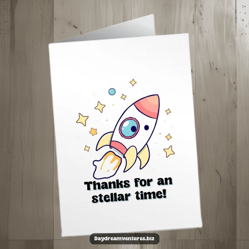 Funny Free Printable Thank You Card with a whimsical rocket ship traveling through bright stars, conveying thanks with celestial charm.