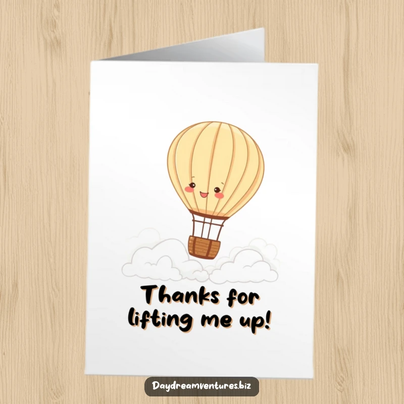 Funny Free Printable Thank You Card showing a joyful hot air balloon character peacefully floating over clouds, expressing sincere gratitude.