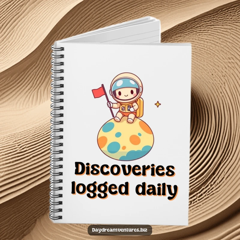 Funny space explorer notebook, a cheerful character planting a flag on a planet, ideal for notes and a funny gift.