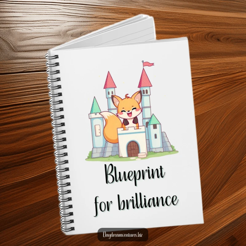 Funny happy fox character building a block castle, cover of a notebook for jotting down creative ideas.