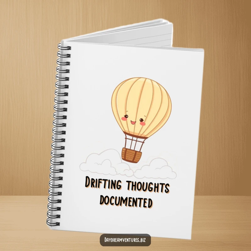 Funny hot air balloon notebook, a joyful character over clouds, perfect for notes and a peaceful funny gift.