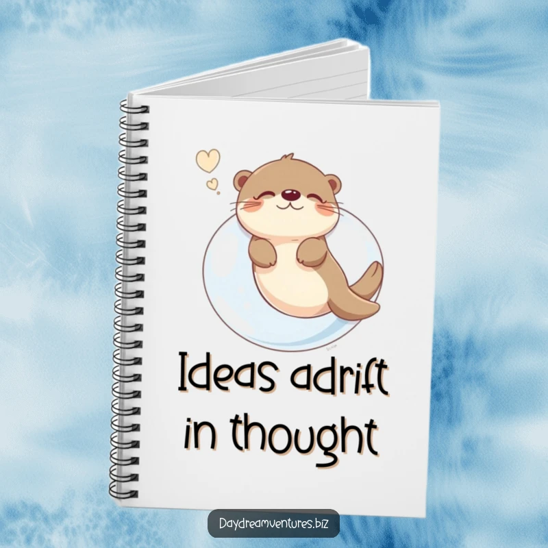 Funny otter character floating on a giant bubble, dreaming, cover of a notebook for jotting down funny thoughts.