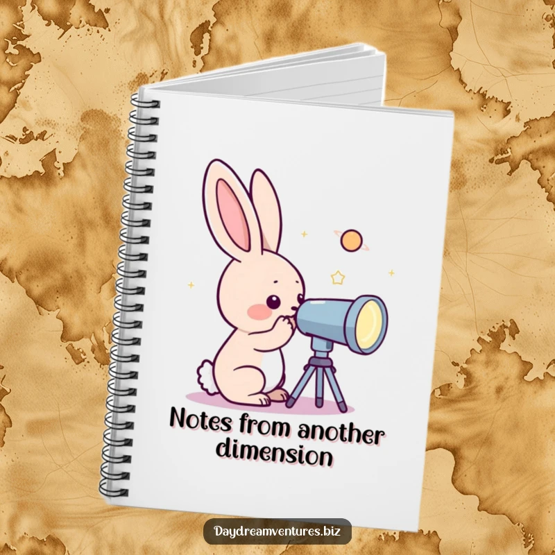 Funny rabbit character looking through a telescope at a sparkling planet, cover of a notebook for jotting down cosmic thoughts.