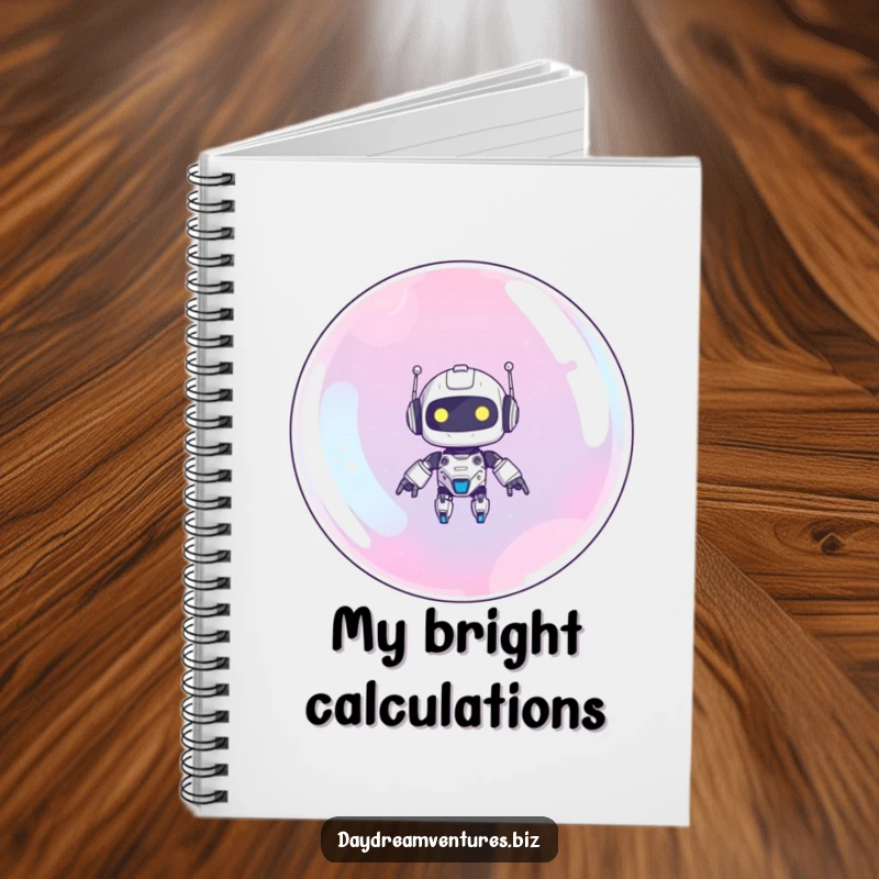 Funny robot notebook with a cute robot floating upwards on a giant bubble, ideal for jotting notes with sci-fi charm.