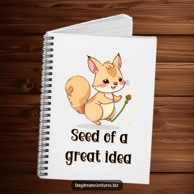 Funny squirrel character riding a dandelion seed, cover of a notebook for jotting down spontaneous ideas.